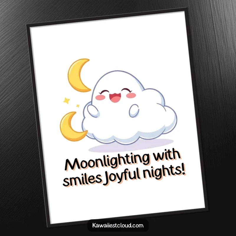 Funny Free Printable Wall Art: A cute cloud character gleefully plays with a miniature, giggling crescent moon.