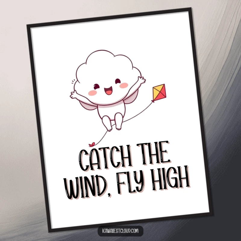 Funny Free Printable Wall Art: A cheerful cloud character in mid-air, joyfully riding a small kite with arms spread wide.