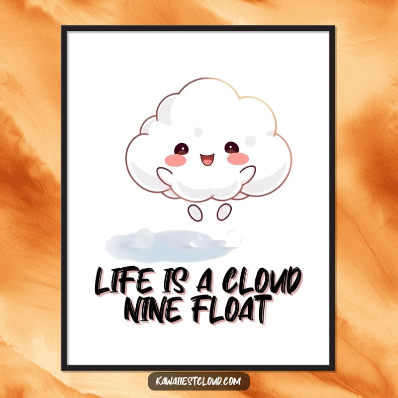 Funny Free Printable Cloud Wall Art, cloud character joyfully bouncing on a shimmering ethereal surface, magical and uplifting downloadable decor.