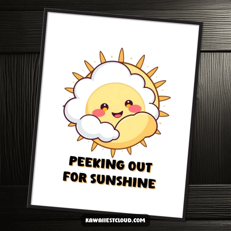 Funny Free Printable Wall Art: Cute cloud character with a happy grin peeking from behind a sun.