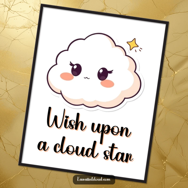 Funny Free Printable Wall Art: A cloud character with wide, surprised eyes watches a tiny shooting star streak across the sky.