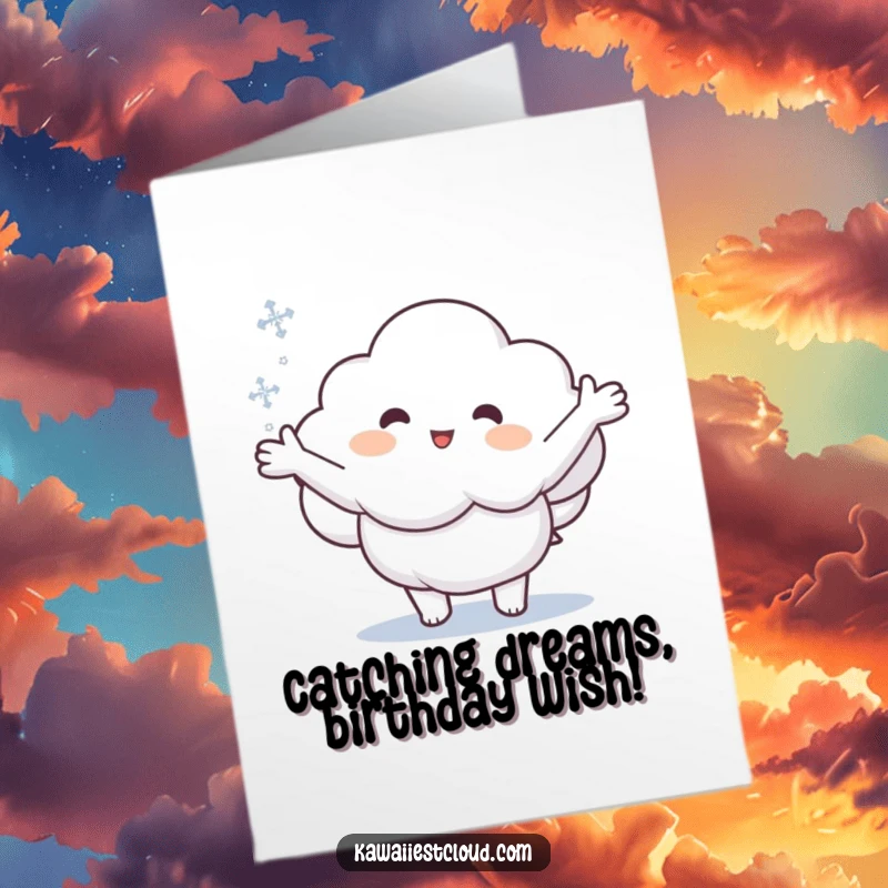 Funny Free Printable Birthday Card: A cloud character excitedly reaches out to catch a delicate snowflake.