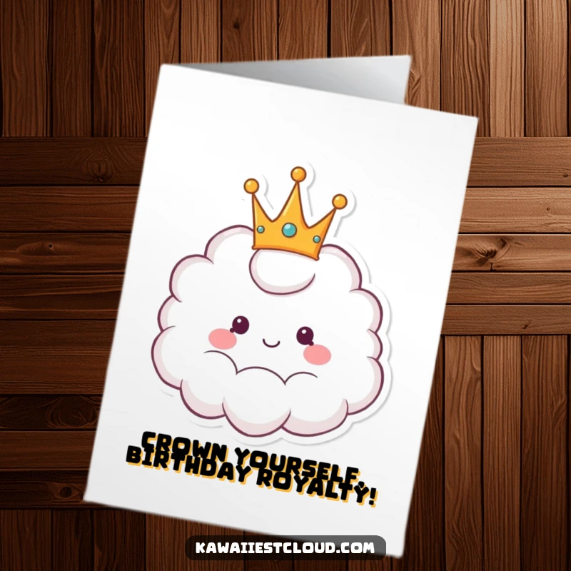 Funny Free Printable Birthday Card: A cheerful cloud sits regally, wearing a fluffy crown, celebrating a special day.