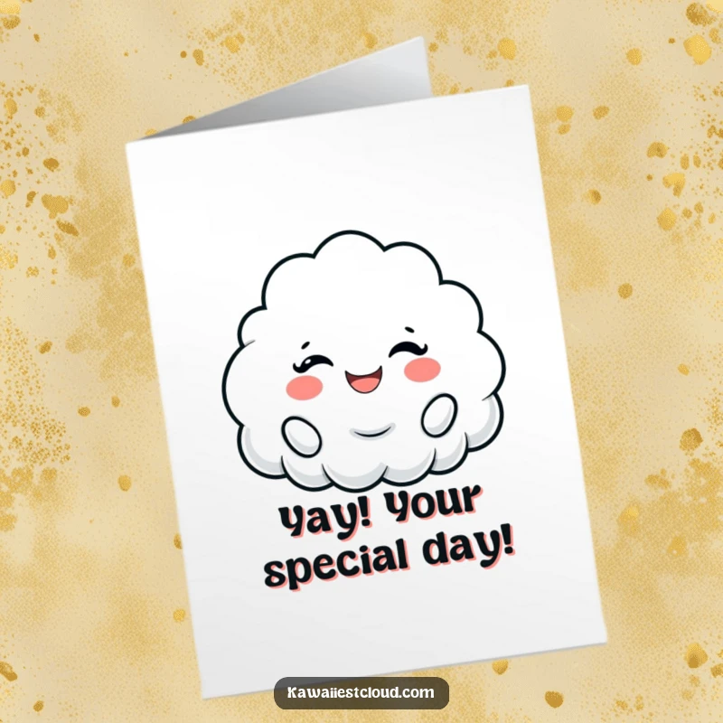 Funny Free Printable Birthday Card: A cloud character cheers enthusiastically with a big, fluffy smile, spreading birthday joy.