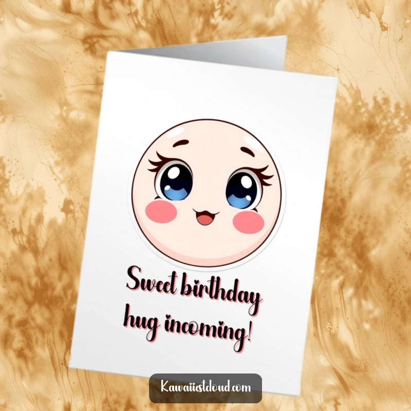 Funny Free Printable Birthday Card: a round, soft character with big expressive eyes and rosy cheeks beams.