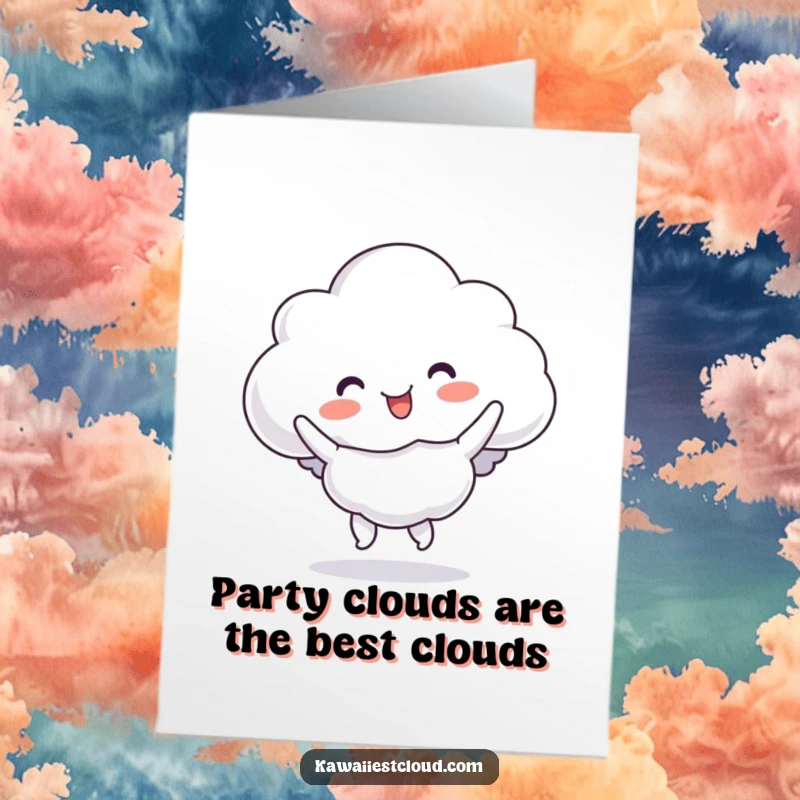 Funny Free Printable Birthday Card: A cloud character energetically doing a silly, bouncy jig with pure joy.