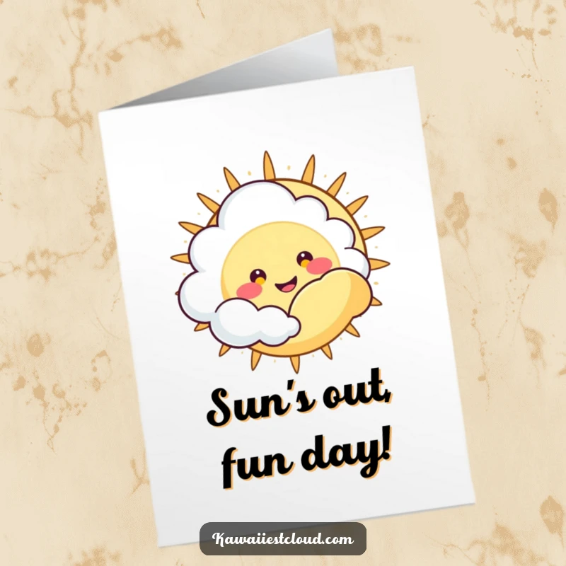 Funny Free Printable Birthday Card: Cute cloud character with wide grin peeking from behind a sun.