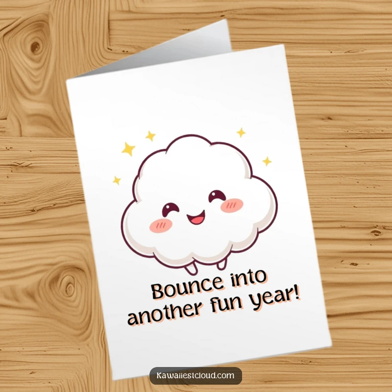 Funny Free Printable Birthday Card: A playful cloud character with a mischievous twinkle bouncing happily, radiating fun.