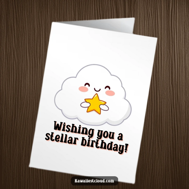 Funny Free Printable Birthday Card: Smiling cloud character holding and offering a tiny, bright star, symbolizing good wishes.