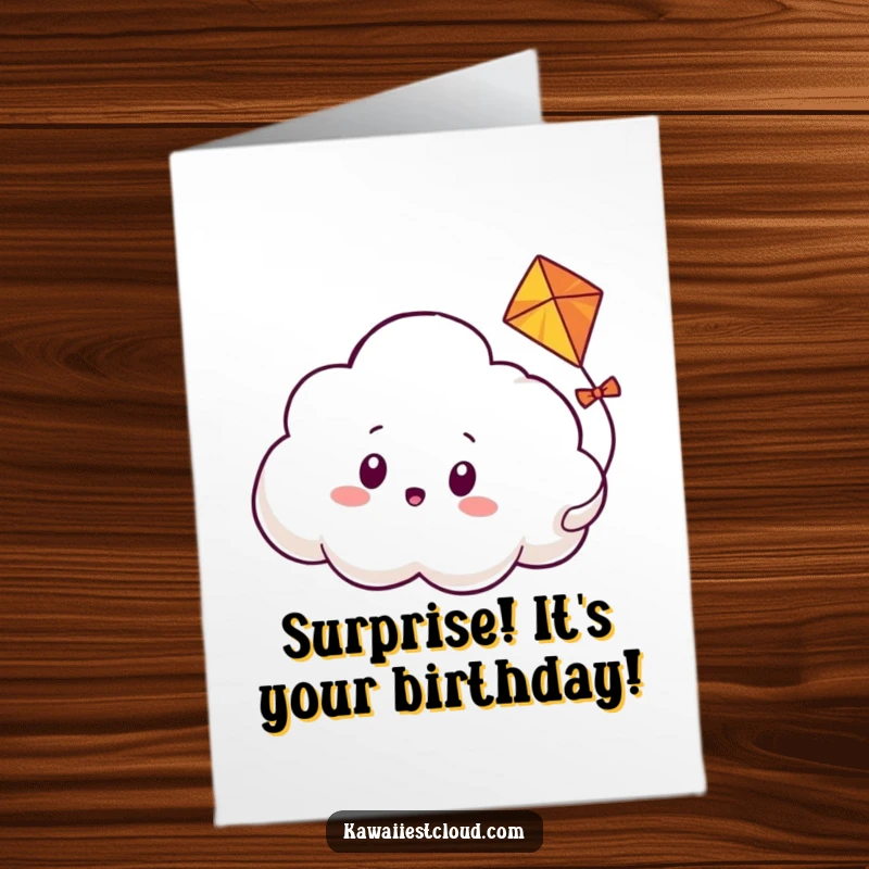 Funny Free Printable Birthday Card: Surprised Cloud Character Reacting to a Kite Weaving Through It.