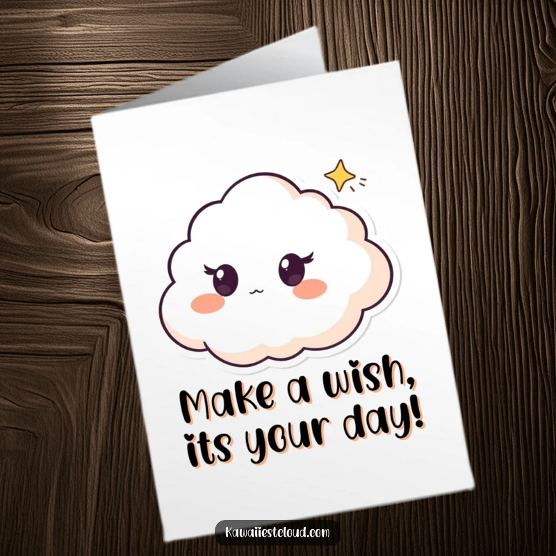 Funny Free Printable Birthday Card: A cloud character with wide, surprised eyes gazes at a tiny shooting star, full of awe.