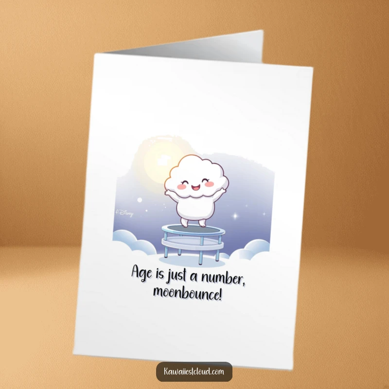 Funny Free Printable Birthday Card: Cloud character bouncing joyfully on a moonlight trampoline, radiating happiness and fun.