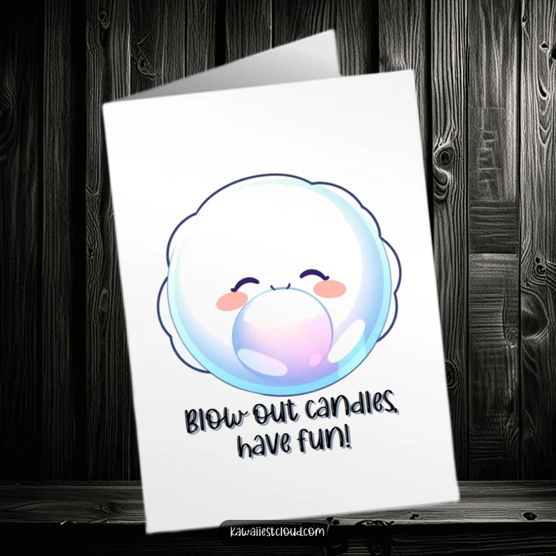 Funny Free Printable Cloud Birthday Card, delighted cloud character blowing a giant iridescent bubble, playful and whimsical downloadable art.