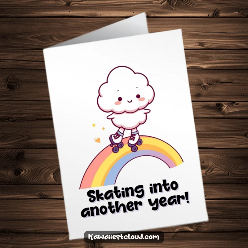 Funny Free Printable Birthday Card: Cheerful Cloud Character on Roller Skates Gliding on a Rainbow.