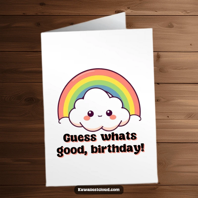 Funny Free Printable Birthday Card: A curious cloud character peeking playfully from behind a vibrant rainbow.