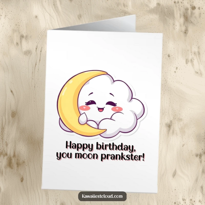 Funny Free Printable Birthday Card: Mischievous cloud grinning, playfully tickling a sleepy moon, causing gentle chaos.