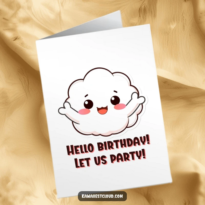 Funny Free Printable Birthday Card: A smiling cloud character waves its fluffy arms enthusiastically, spreading birthday cheer.