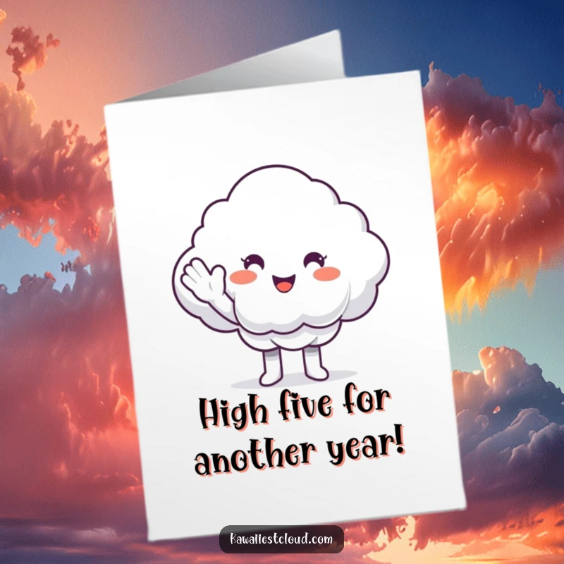 Funny Free Printable Birthday Card: Smiling cloud character giving a fluffy white cloud a high-five, full of cheer.
