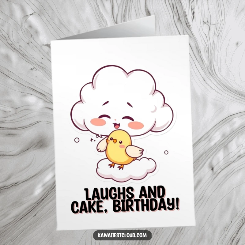 Funny Free Printable Birthday Card: a giggling cloud character playfully tickling a tiny bird with soft cloud wisps.