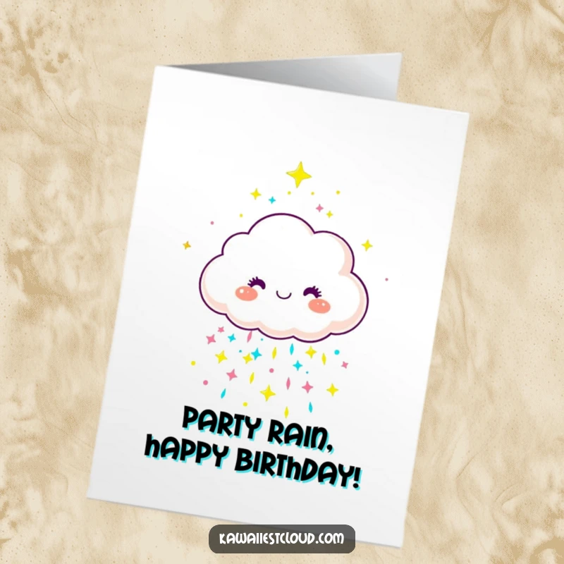 Funny Free Printable Birthday Card: A joyful cloud character showers colorful, sparkly rain, celebrating