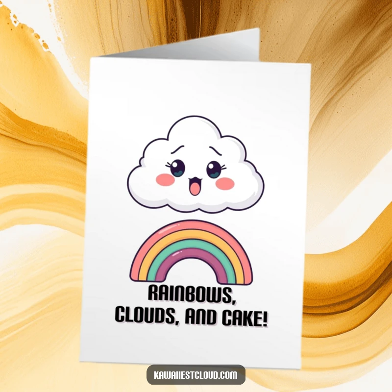Funny Free Printable Birthday Card: Surprised cloud peeking over a tiny rainbow, spreading unexpected joy and chuckles.
