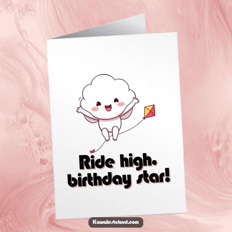 Funny Free Printable Happy Birthday Card: A cheerful cloud character joyfully riding a small kite, arms spread wide in exhilaration.