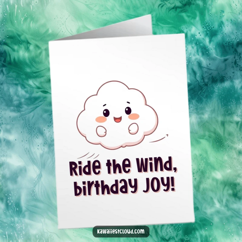 Funny Free Printable Birthday Card: A joyful cloud happily surfs on a gentle, whimsical gust of wind.