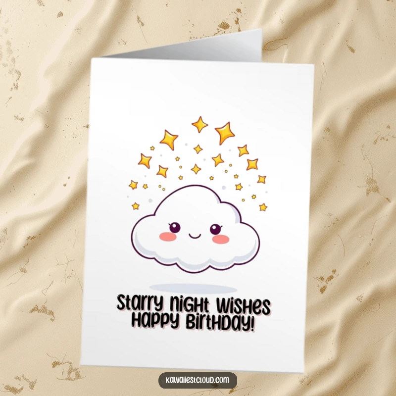 Funny Free Printable Birthday Card: A happy cloud character showers tiny sparkling stars, celebrating a special birthday.