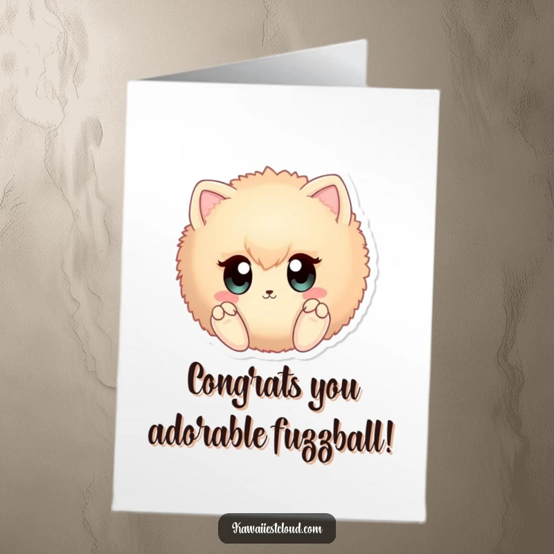 Funny Free Printable Congratulations Card showing an excited fuzzy sphere with big eyes and paws, great for a downloadable gift.