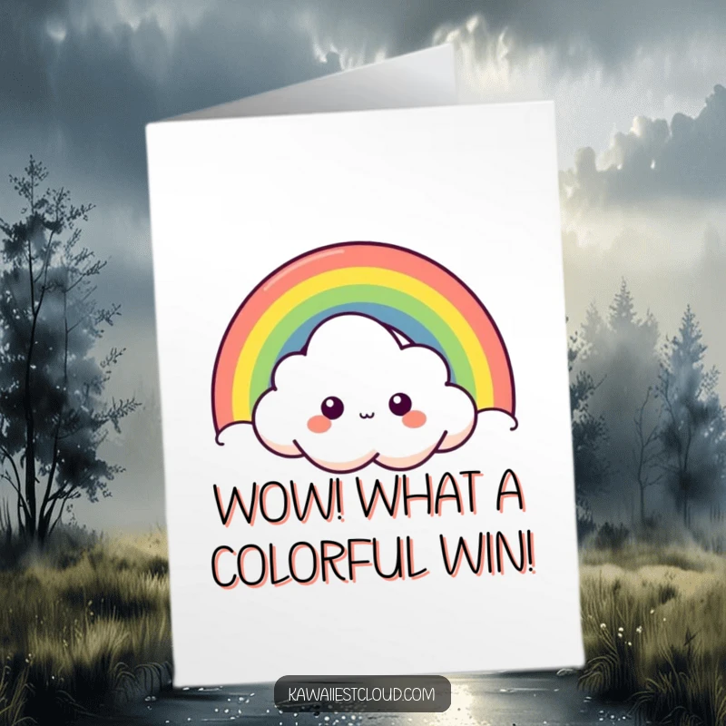 Funny Free Printable Congratulations Card featuring a curious cloud peeking out from a dazzling rainbow.