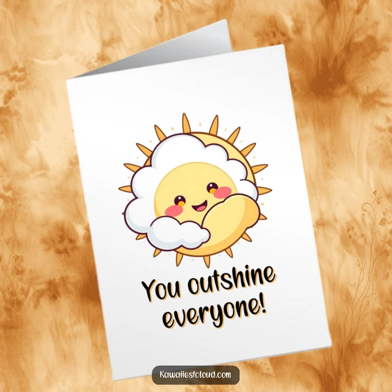 Funny Free Printable Congrats Card: Happy cloud character grinning behind a large sun.