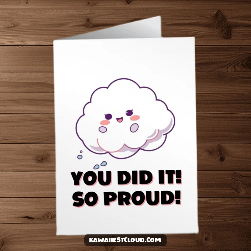 Free Printable Congratulations Card: A funny cloud character spins with iridescent shimmer, perfect for 'yay' moments, downloadable art.