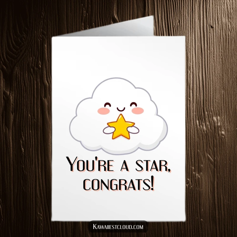 Funny Free Printable Congrats Card: Smiling cloud character offering a bright star, representing achievement and a shining future.