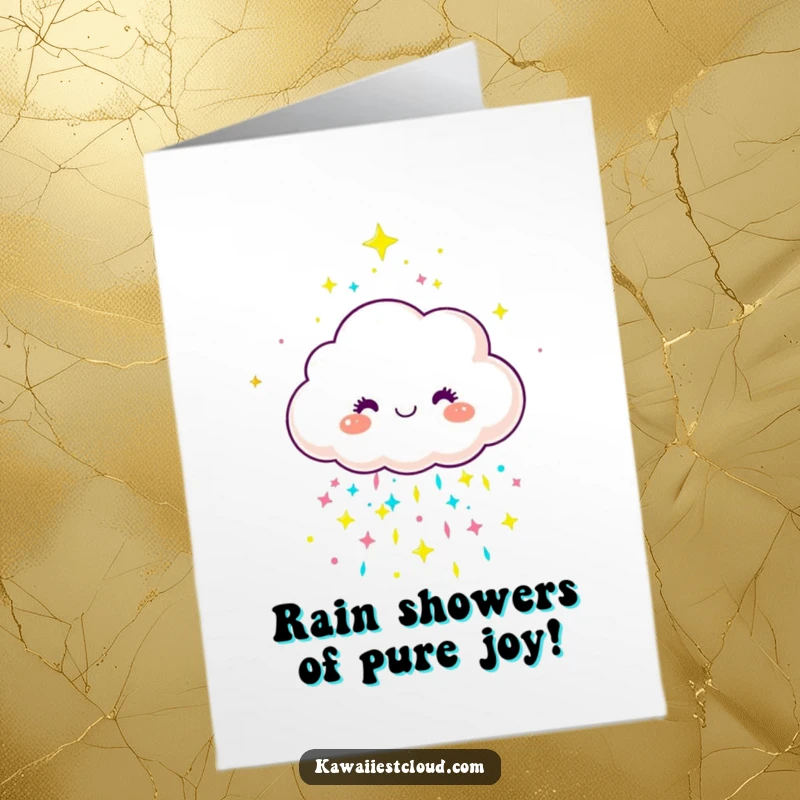 Funny Free Printable Congratulations Card: A joyful cloud character showers colorful, sparkly rain, signifying luck
