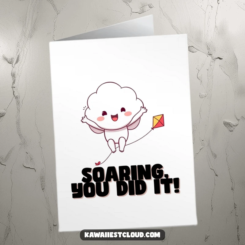 Funny Free Printable Congratulations Card: A beaming cloud character confidently riding a small kite, celebrating a successful journey.
