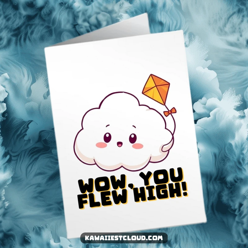 Funny Free Printable Congratulations Card: Surprised Cloud Character Gazing at a Kite Woven Through Its Fluff.