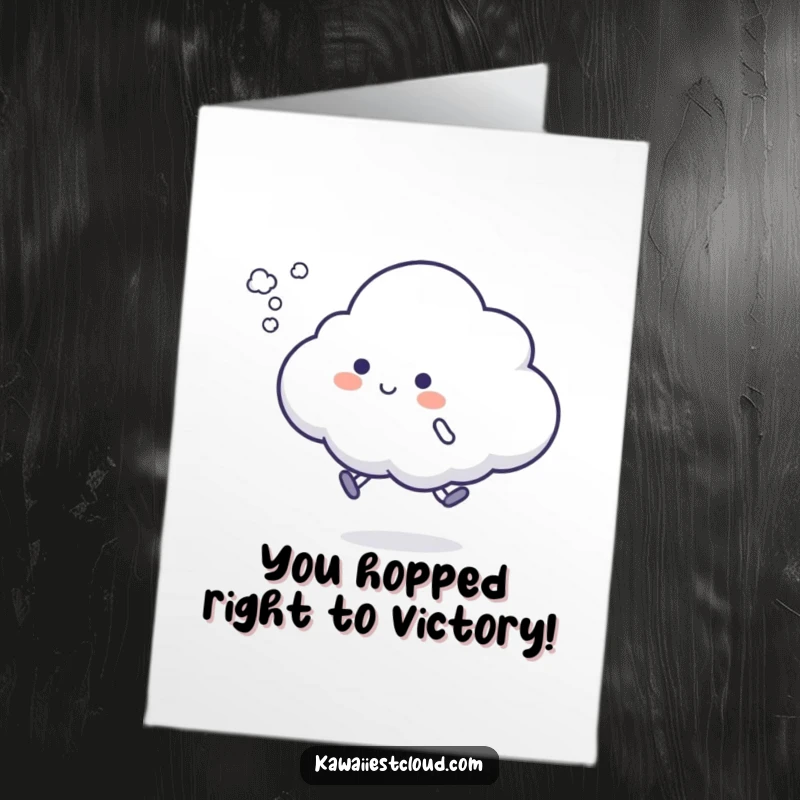 Funny Free Printable Congratulations Card showing a cloud character doing a silly hop with a vapor puff.