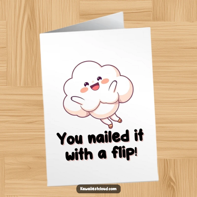 Funny Free Printable Congrats Card: Delighted cloud character doing a playful somersault, celebrating success with aerial acrobatics.