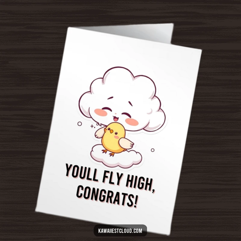 Funny Free Printable Congratulations Card showing a happy cloud character tickling a small bird with cloud wisps.