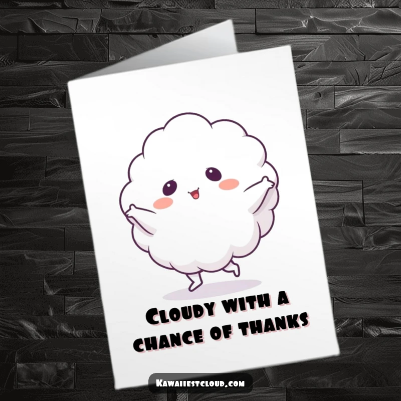 Funny Free Printable thank you card with a fluffy cloud character doing a comical dance, conveying thanks with joy and humor.