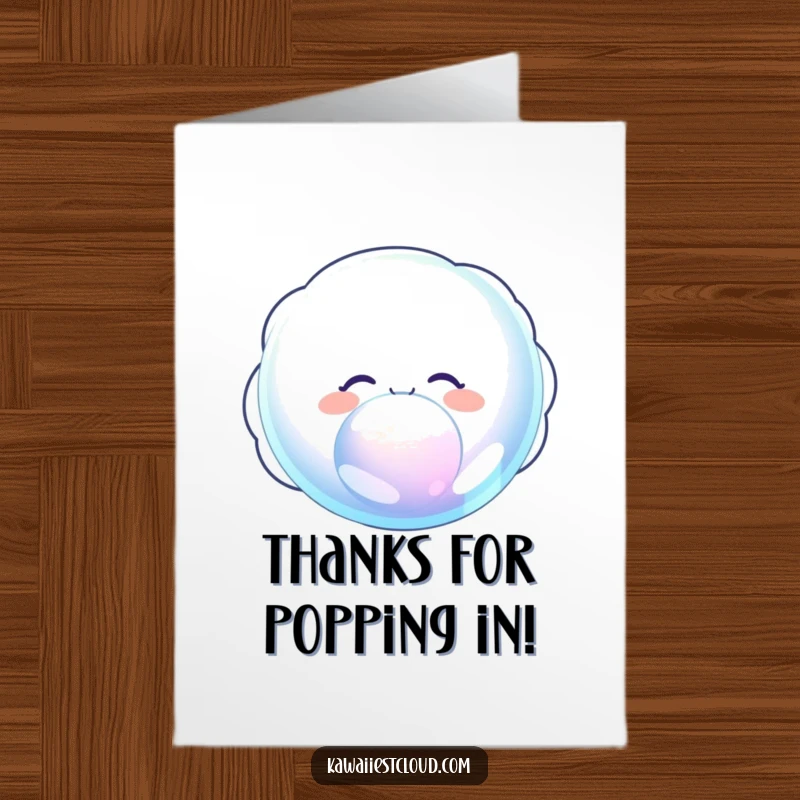 Funny Free Printable Cloud Thank You Card, delighted cloud character blowing a giant iridescent bubble, sweet and funny downloadable art.