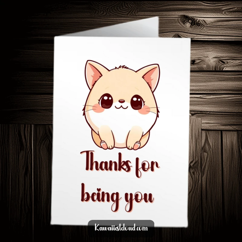 Funny Free Printable Thank You Card with a plump, curious character with big eyes and tiny paws offering thanks.