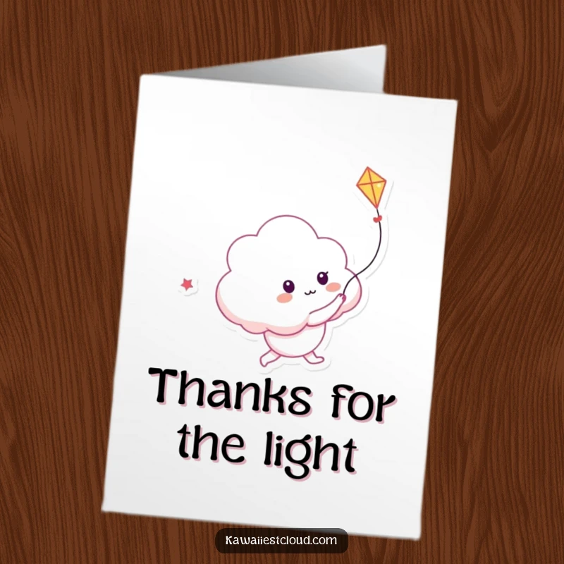 Funny Free Printable Thank You Card featuring a playful cloud character chasing a kite made of light, a radiant expression of thanks.