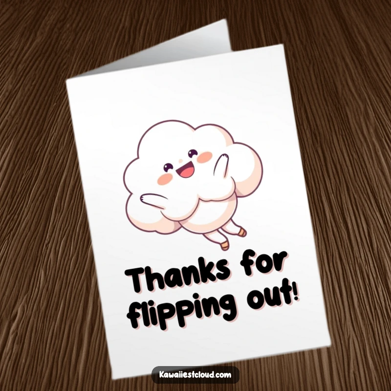 Funny Free Printable Thank You Card: Delighted cloud character executing a playful somersault, expressing thanks with energetic flair.