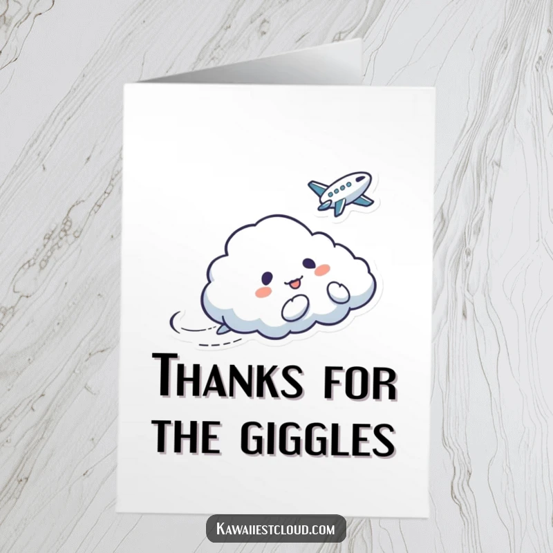 Funny Free Printable Thank You Card featuring a mischievous cloud character tickling a surprised bird, offering thanks with a humorous touch.