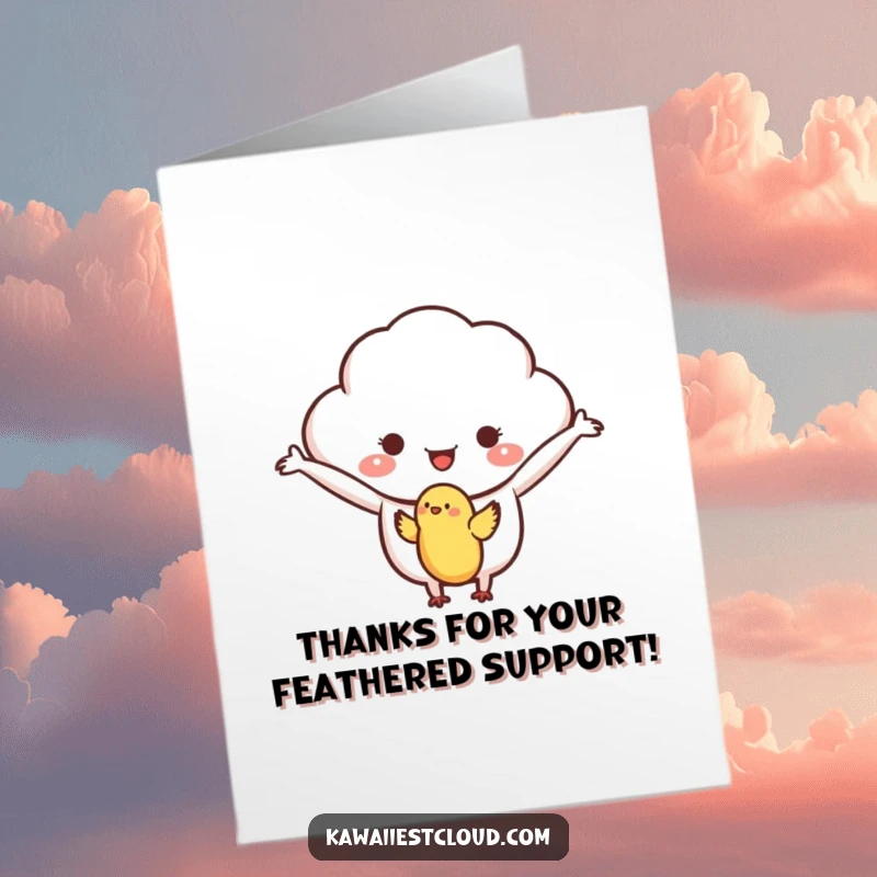 Funny Free Printable Thank You Card: A cloud character with welcoming arms embraces a small bird, expressing gratitude.
