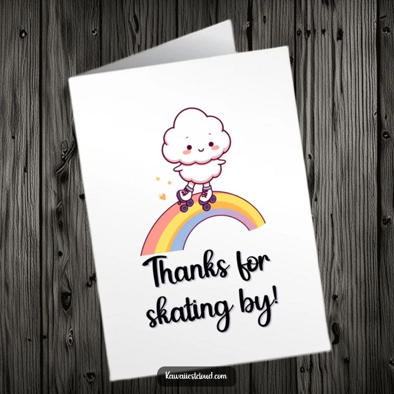 Funny Free Printable Thank You Card: Cheerful Cloud Character Dashing on Roller Skates Across a Rainbow.
