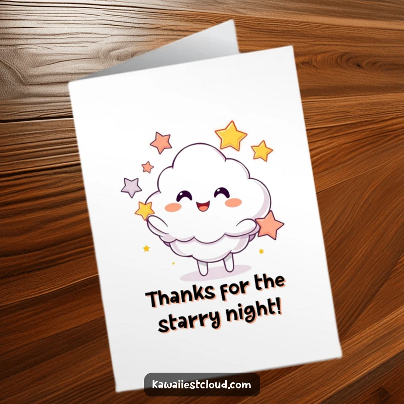 Funny Free Printable Thank You Card: A happy cloud character juggling shining stars, a stellar way to say thanks.