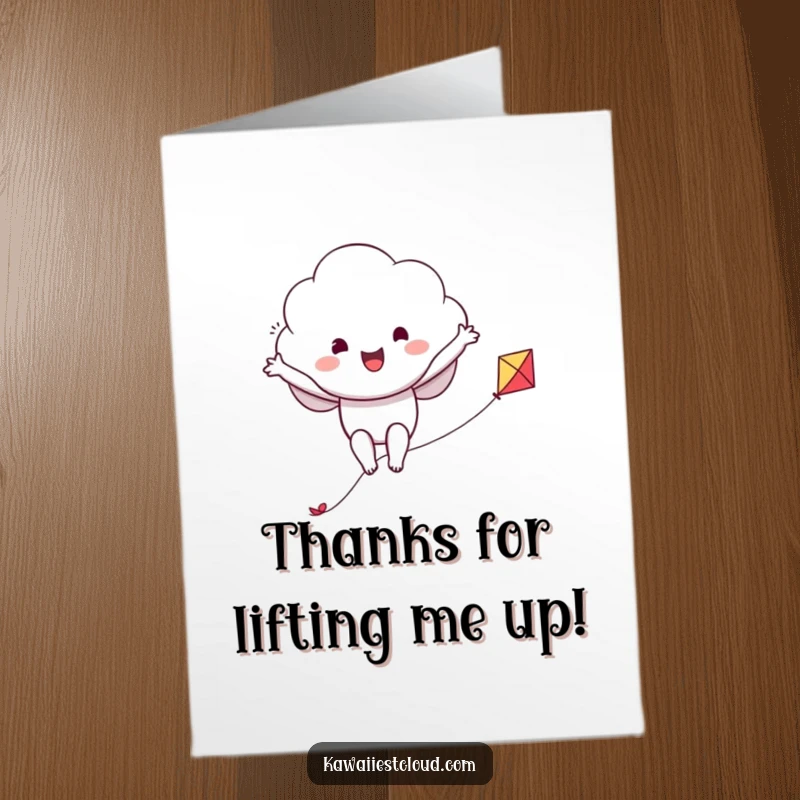 Funny Free Printable Thank You Card: A happy cloud character joyfully riding a tiny kite with arms outstretched, sending thanks.