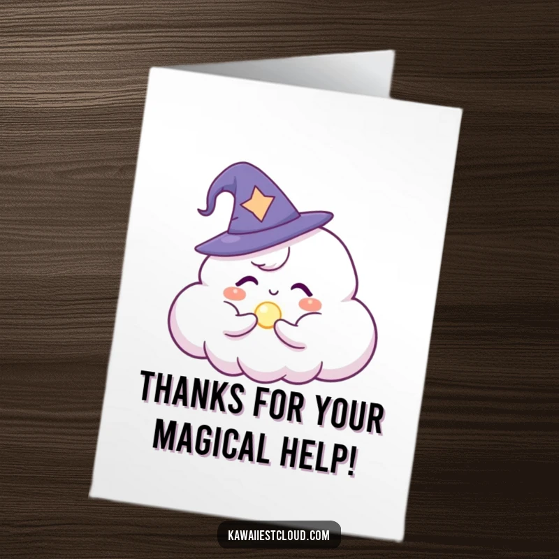 Funny Free Printable Thank You Card: Cloud character as a wizard, conjuring a small light, offering thanks.